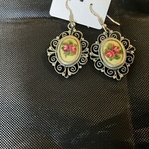 Filigree Earrings Floral Petit Point Embroidery Vintage Silver Tone Coquette